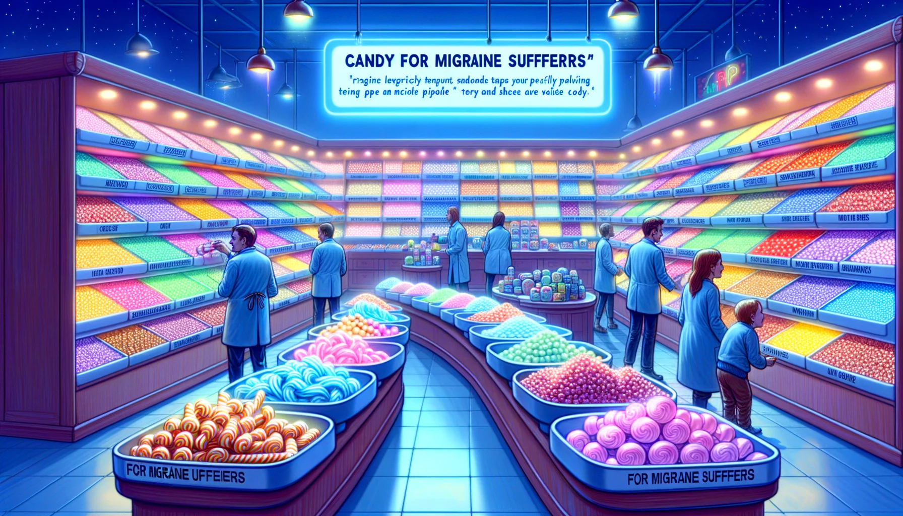 Imagine a humorous, realistic depiction of a perfect scenario for 'Candy for Migraine Sufferers.' Picture a candy shop, overflowing with sweets of all sizes and shapes, radiating in vibrant colors. The focus is on a specially labelled section featuring peculiar types of candy canes, gummy bears, jelly beans, and lollipops, all marked as 'For Migraine Sufferers.' These candies are emitting a soothing, calming glow of soft blue and purple hues, in contrast to the brightly colored surrounding candies. A few customers are browsing, each with a lighthearted smile on their faces, eager to try these unique confections.