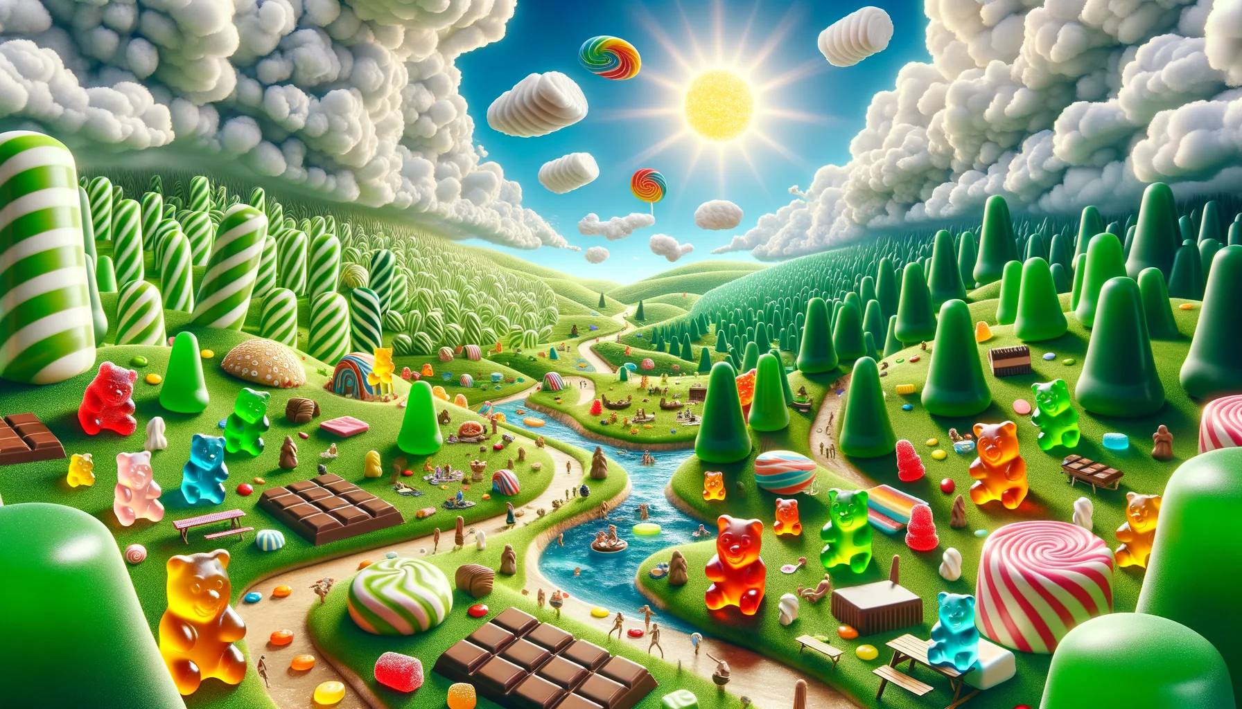 An amusing reality-based image showcasing a candy land. Imagine rolling hills made of green jelly candies with gumdrop trees scattered around. In the background, there is a chocolate river flowing throughout the landscape, under the marshmallow cloud-filled sky. The inhabitants of this land are comical human-like gummy bears of multiple colors and various sizes. They are seen engaging in different fun-filled activities such as playing games, having picnics, or just lounging around, convincingly immersed in their idyllic candy landscape. The perfection of the scenario is emphasized by the bright sun made of a radiant yellow starburst candy in the sky.