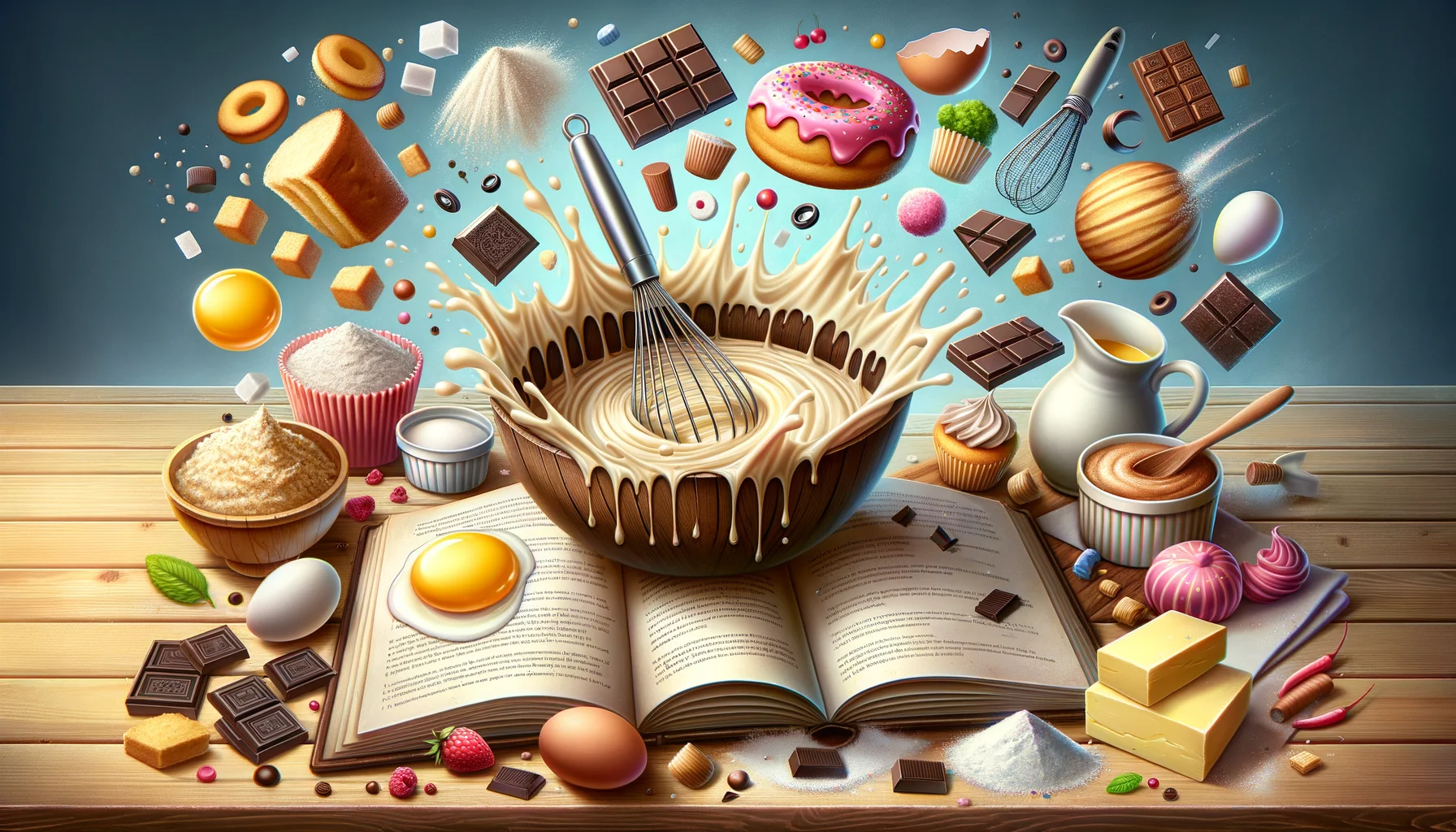 Create an image showcasing a humorous scene in a kitchen. Place an assortment of dessert ingredients such as flour, sugar, eggs, butter, and chocolate spread out on a wooden countertop. Include a few opened recipe books with ingredients spilling out of them. A whisk should be seen spinning on its own in a bowl full of cake batter, creating a fun, chaotic environment. Everything is detailed, brightly colored, and realistic.