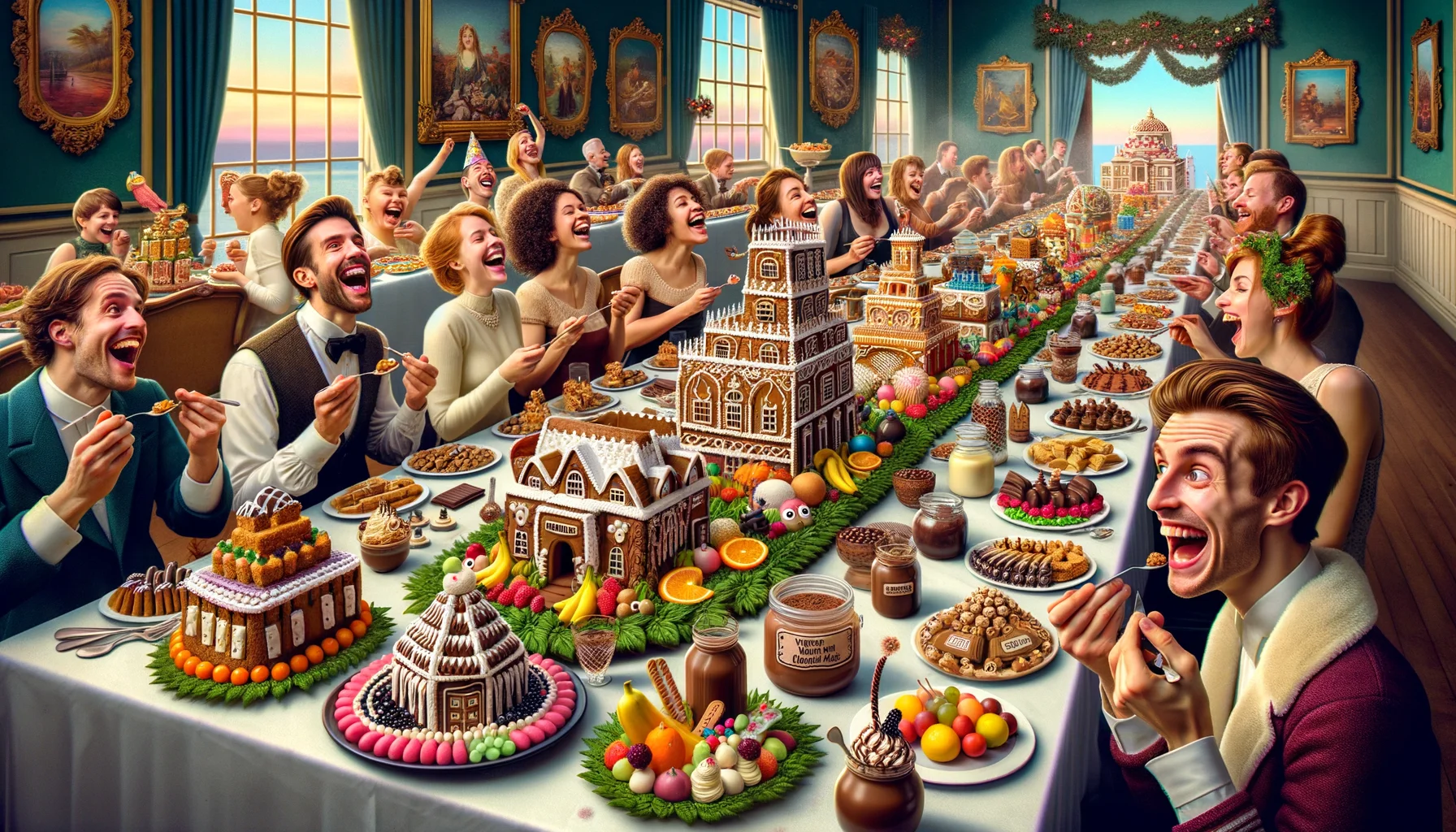 Create a funny, realistic image showcasing a party scene where the decorations are all visually enticing and edible, specifically designed for different dietary restrictions. Picture a long buffet table filled with creatively crafted decorations like gluten-free gingerbread houses, vegan friendly fruit art, lactose-free chocolate sculptures, and more. The room is filled with people of various genders and ethnicities, all laughing cheerfully while enjoying the food and admiring the unique edible decor. The table, the food containers, and the colorful decorations are all made in a style reminiscent of the rococo period, giving a lavish yet elegant charm to the scenario.