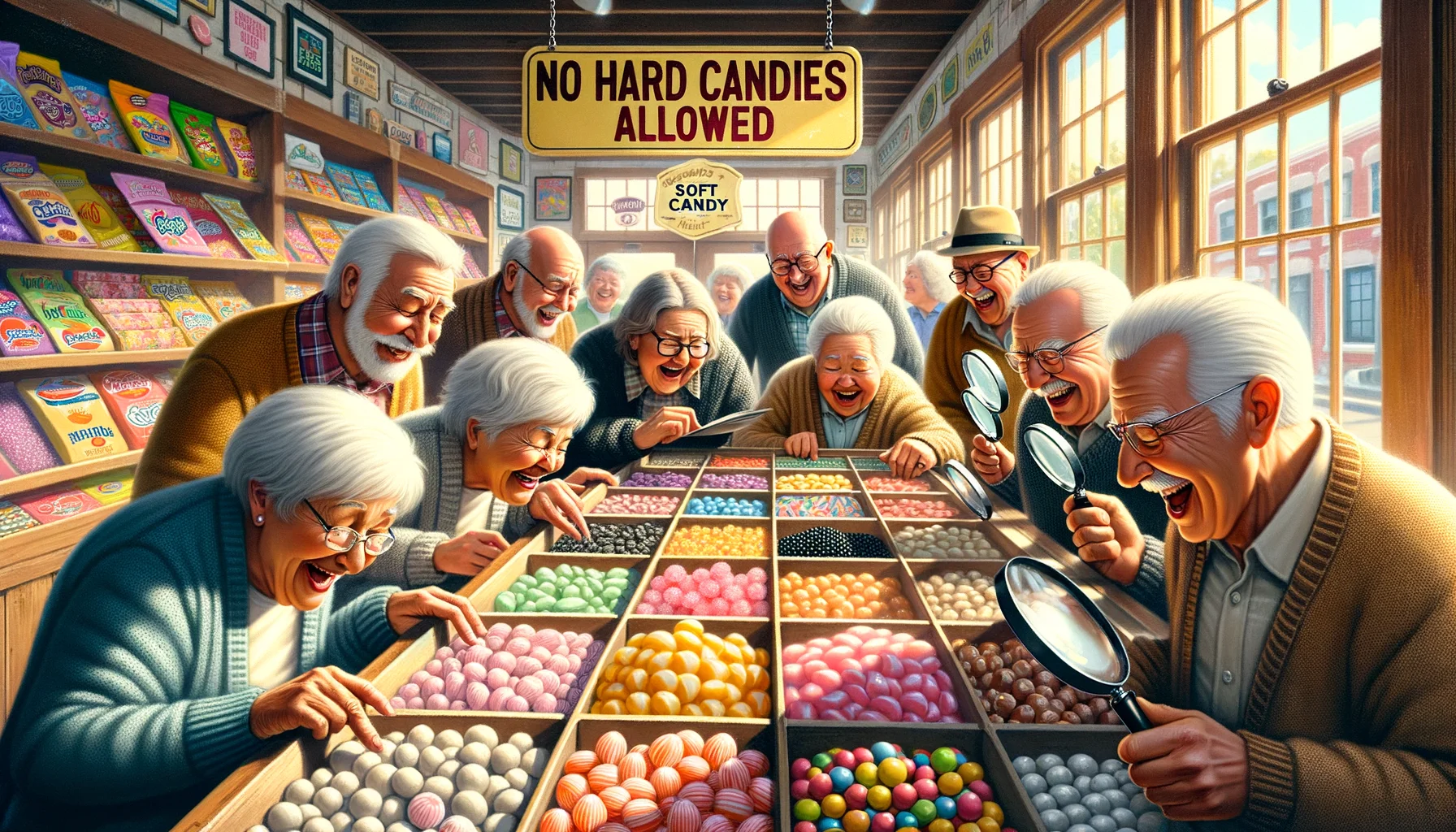 Create a humorous, realistic image showing a team of older individuals exploring a variety of soft candy options. The scene unfolds in a sunny, rustic candy store filled with vibrant colors. Shelves are laden with candies of all kinds, but the focus is on a dedicated section showcasing 'Elderly-Friendly Soft Candy Options.' Elderly people of various descents, such as Hispanic, Caucasian and Asian, marvel at the selection, some laughing while holding magnifying glasses to read ingredients, others carefully squishing candies to test their softness. A sign humorously displays 'No hard candies allowed' to emphasize the soft candy selection.