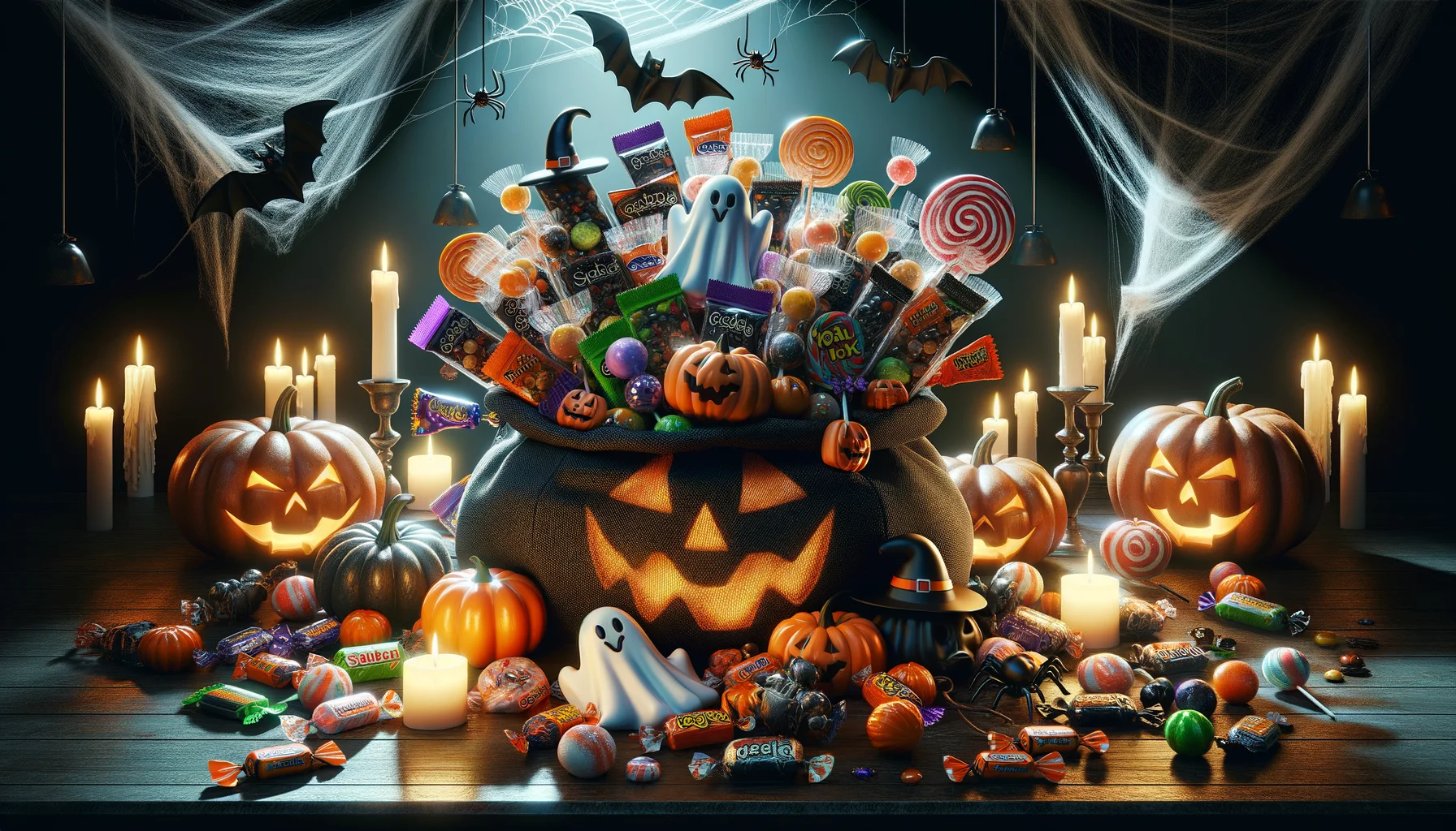 Realistic image capturing the festive atmosphere of Halloween. Featured at the center are Halloween-themed candy packs, overflowing with a diverse selection of sweets, confections, and lollipops in suggestive forms like ghost, pumpkin, bat, and witch shape. The candy packs are set against a spooky backdrop adorned with typical Halloween paraphernalia - carved pumpkins, flickering candles, cobwebs, and faux spiders. The light is dim and the shadows dance, creating a mysterious yet fun ambiance. An unexpected twist is added to the image for humor, perhaps the candies playing tricks on each other, parodying horror movie scenes.