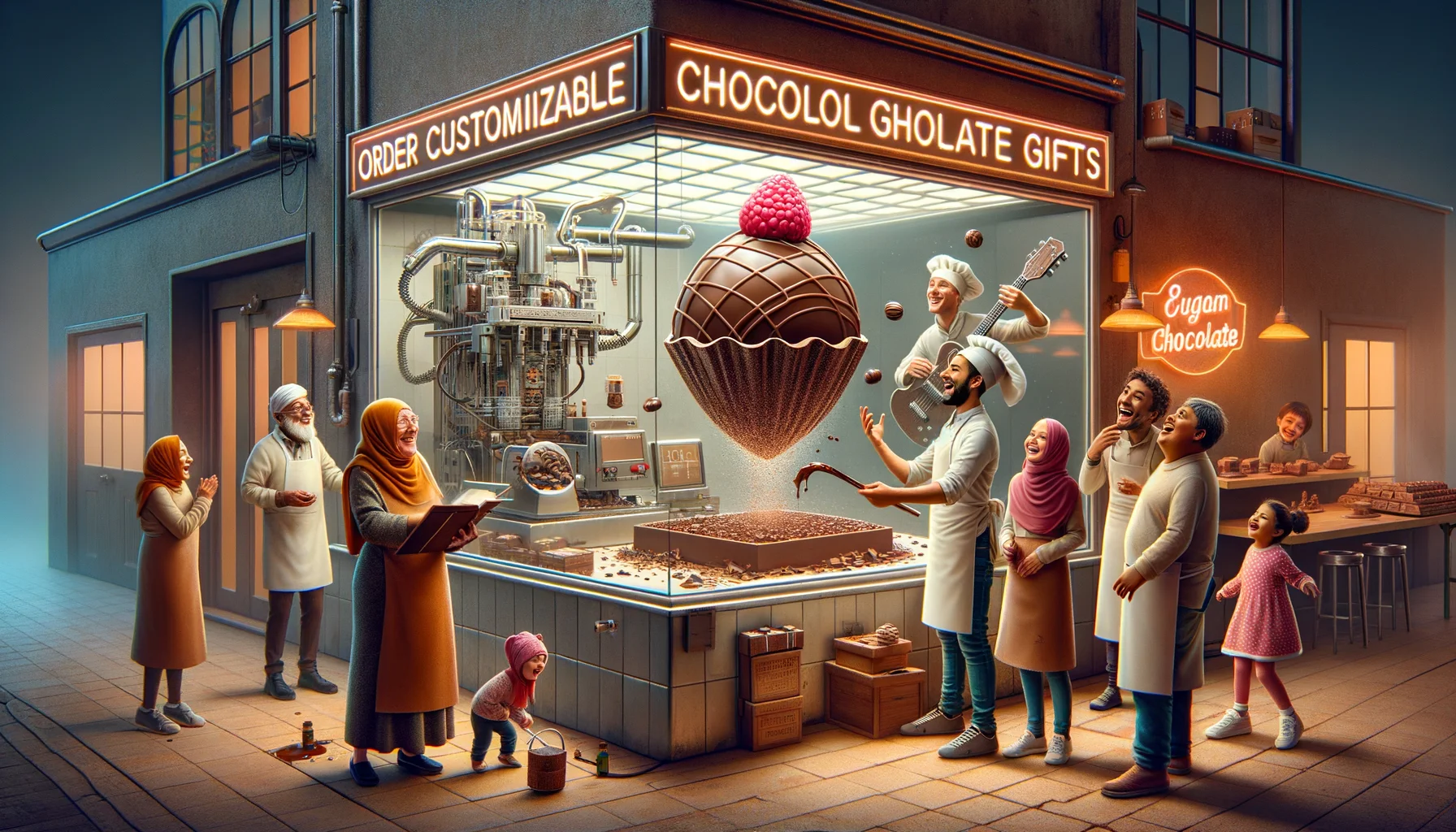 Create a humorous, realistic scenario representing the concept of 'Order Customizable Chocolate Gifts.' Picture this: A small, warm chocolaterie filled with the sweet aroma of melting chocolate. On one side, there's a huge clear glass wall showing the entire process of chocolate making, with robotic machines carefully crafting unique chocolate shapes. On the other side, a group of people of different ages and descents such as a Middle-Eastern elderly woman, a young Caucasian male, and a Hispanic little girl are laughing at a chocolate sculpture of a levitating truffle that's playing a guitar, a uniquely humorous customizable gift. A neon sign reads 'Order Customizable Chocolate Gifts' 