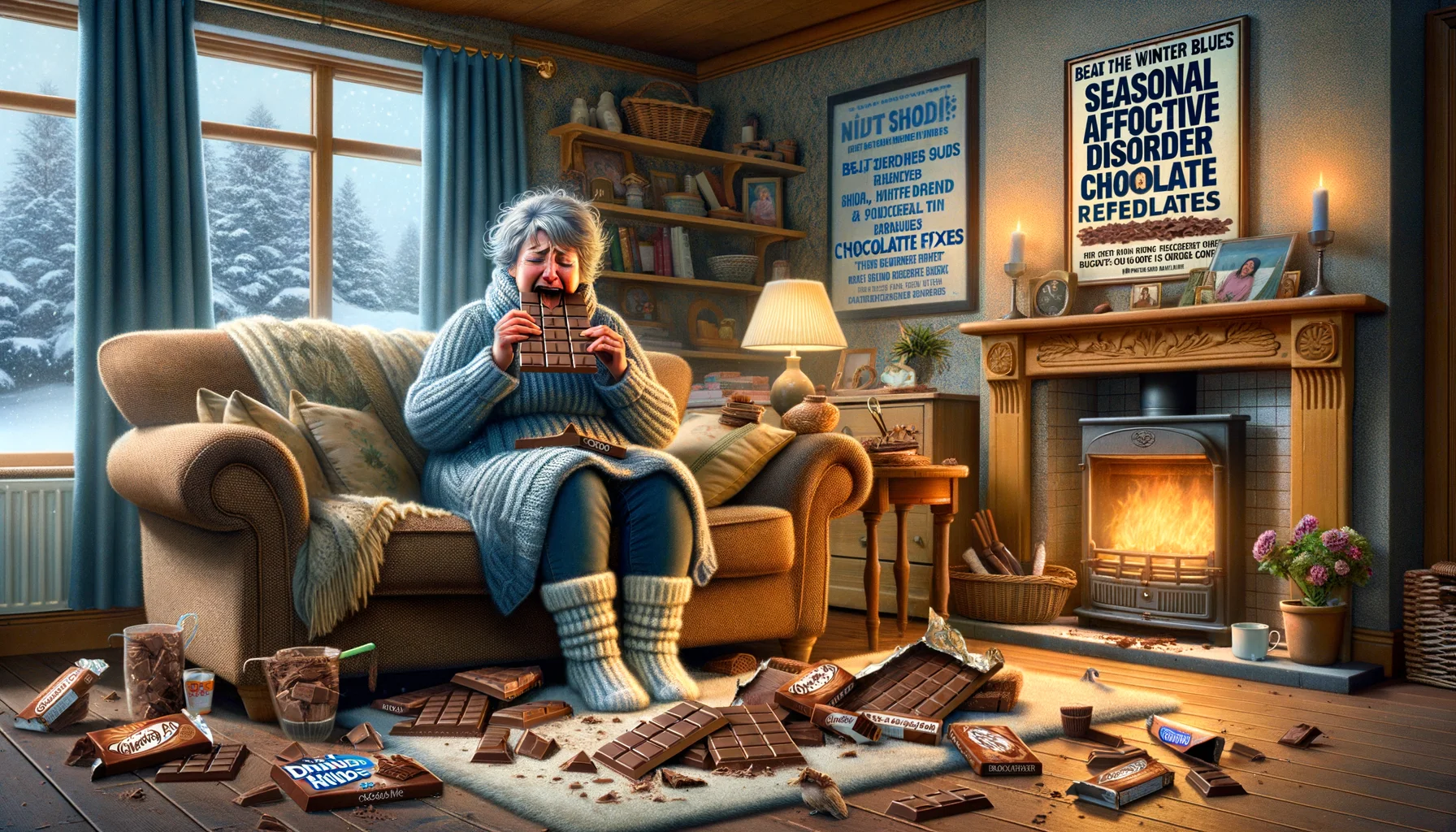 Imagine a humorously realistic scenario that perfectly illustrates 'Seasonal Affective Disorder Chocolate Remedies'. Picture a cozy room with a fireplace on a cold winter day. A middle-aged Caucasian woman is bundled up in warm clothing, sitting comfortably on a plush sofa. In her hand is a large bar of chocolate, which she bites into with an exaggerated look of relief on her face. Nearby is a pile of empty chocolate wrappers - humorous evidence of her numerous 'remedies'. A table next to her holds a poster with a mock advertisement saying 'Beat the Winter Blues with Chocolate Fixes'. Add elements that bring levity and light-heartedness into the scenario.