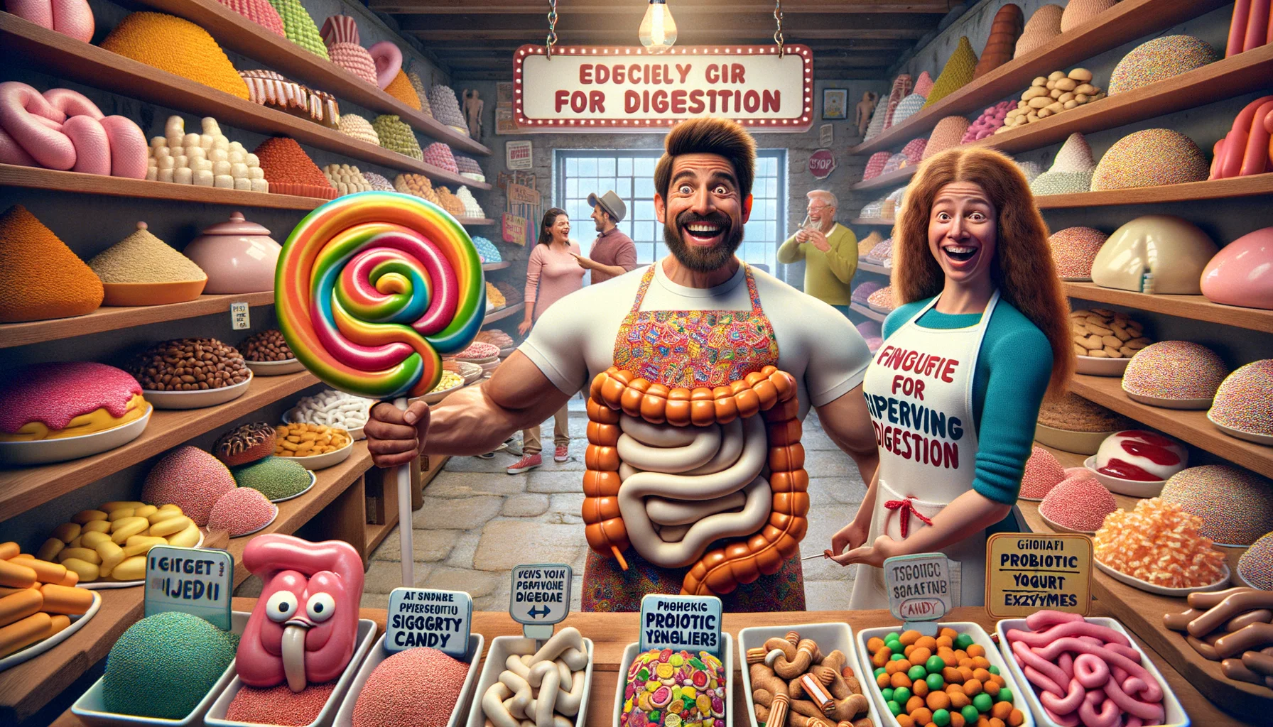 Imagine a humorous scene showing a dessert-themed shop, filled with edible sweets uniquely crafted for improving digestion. Inside, a joyous Caucasian male seller dressed in a colorful apron is presenting an oversized ginger candy, known for its digestion-friendly properties. In the foreground, a funny Hispanic woman, full of excitement, holding a gigantic probiotic yogurt-flavored lollipop in her hands. On the shelves, arrays of colorful sweets, all humorously shaped like stomachs, intestines, and digestive enzymes with signs boasting their benefits for digestion. To make it even more realistic, also include customers with different descents and genders amusingly inspecting the sweets.
