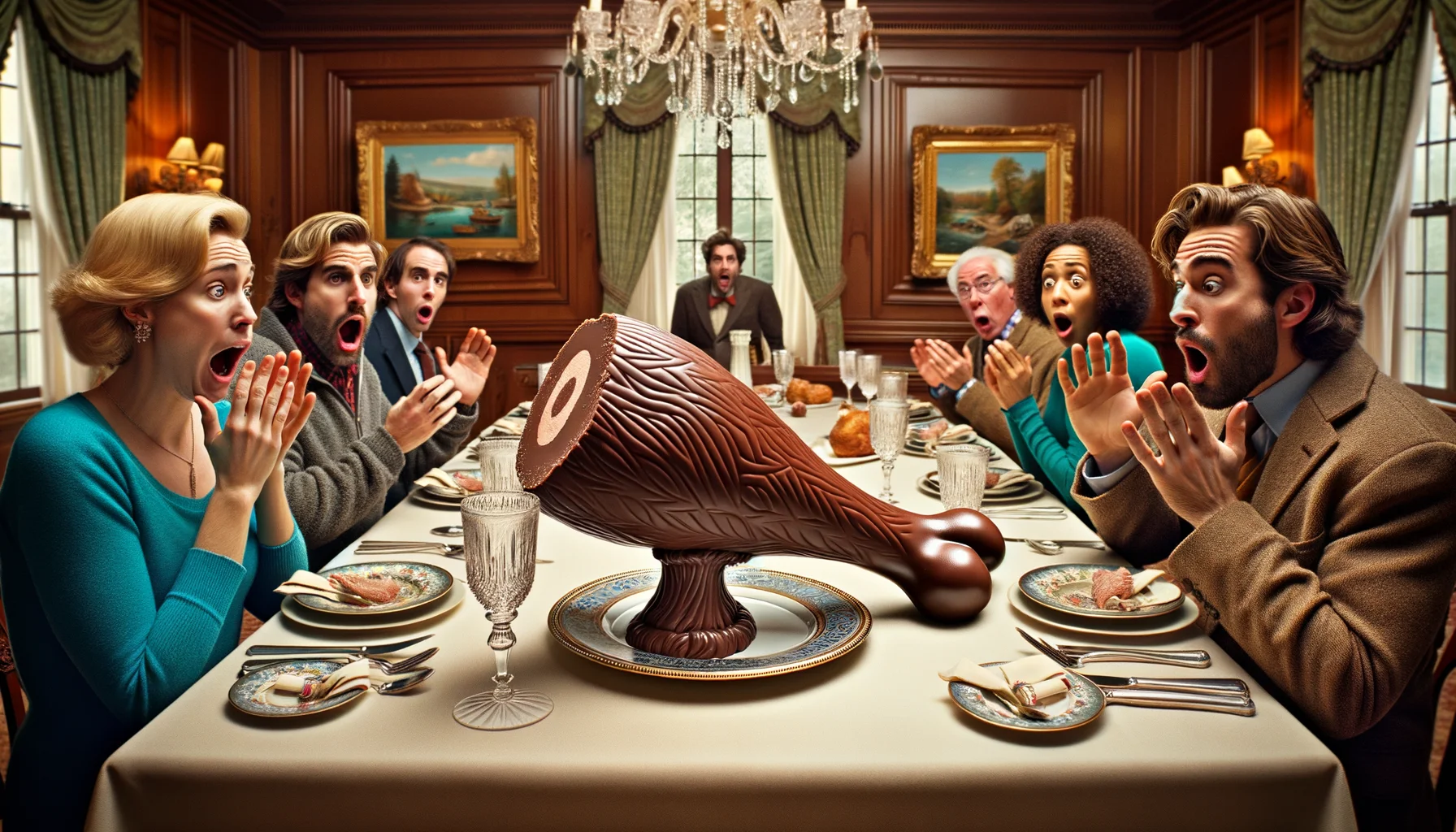 Imagine a humorous, realistic scene of a Swiss Gourmet Chocolate Turkey Leg. This is no ordinary turkey leg, but one intricately crafted from the finest Swiss chocolate. It's placed in an ideal scenario - on a sumptuous dining table set with luxurious silk tablecloth, silverware, and shining crystal glassware, in an elegant and well-lit dining room with classic wooden furnishings. Across the table, guests express surprise and amusement at the unique dessert, their eyes widening with incredulity and delight. The scenario is filled with light-hearted laughter and astonished expressions.